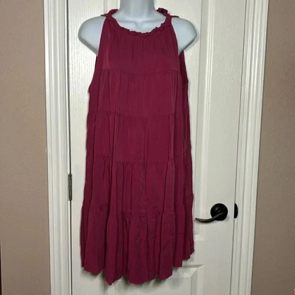 Fashion Women's Pink Sleeveless Tiered Neck Tie Pink Summer Dress Size XL